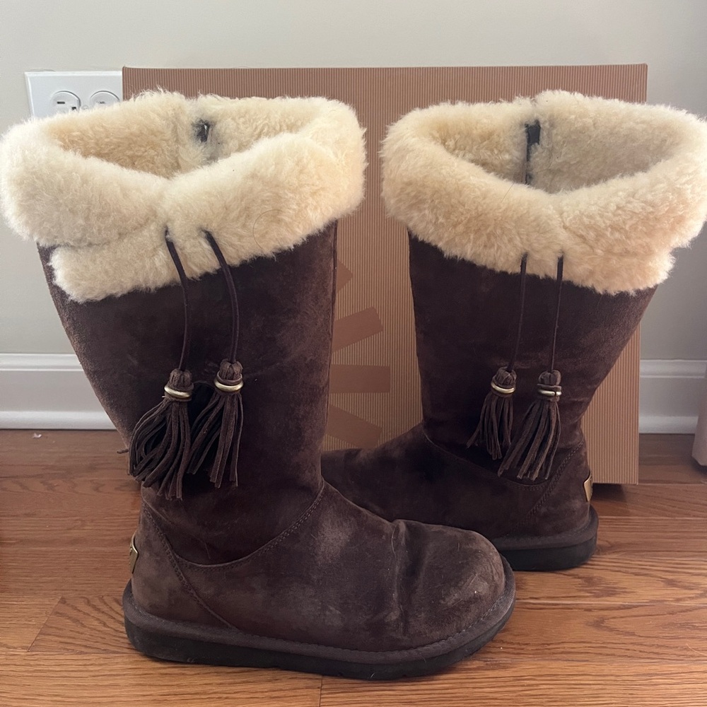 UGG Brown Plumdale Tall Boots with Tassels